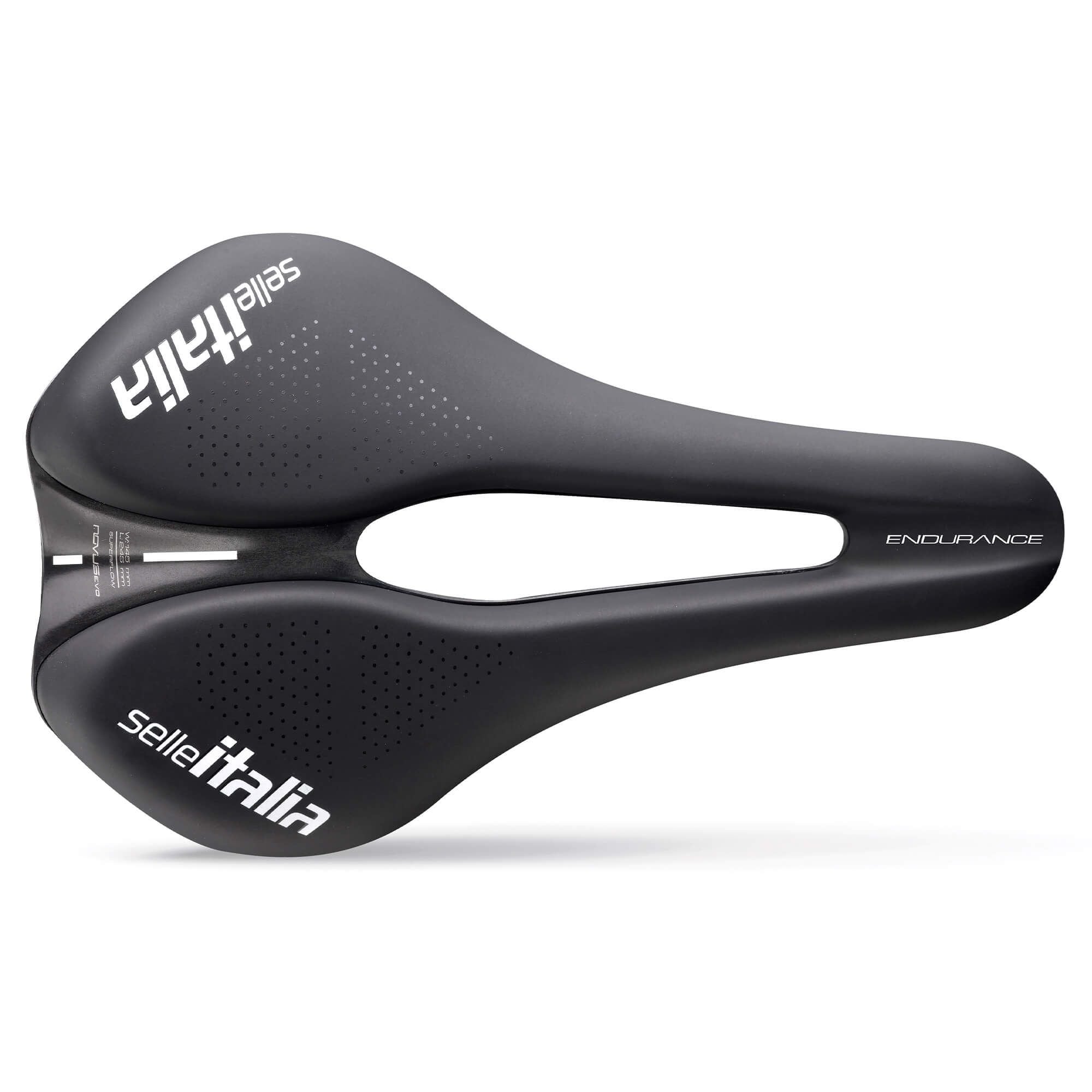 Selle Italia Novus Boost Evo TM Superflow endurance bike saddle in black, featuring ergonomic design and lightweight construction.