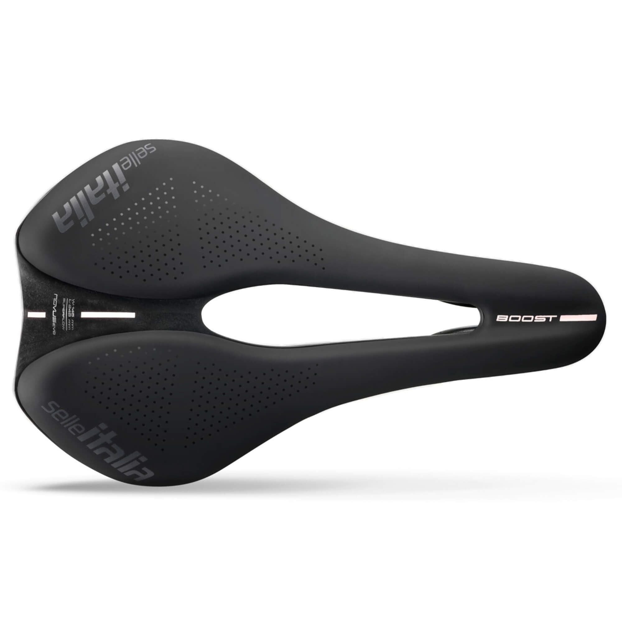 Selle Italia Novus Boost Evo TM Superflow black road bike saddle with ergonomic design and lightweight construction.
