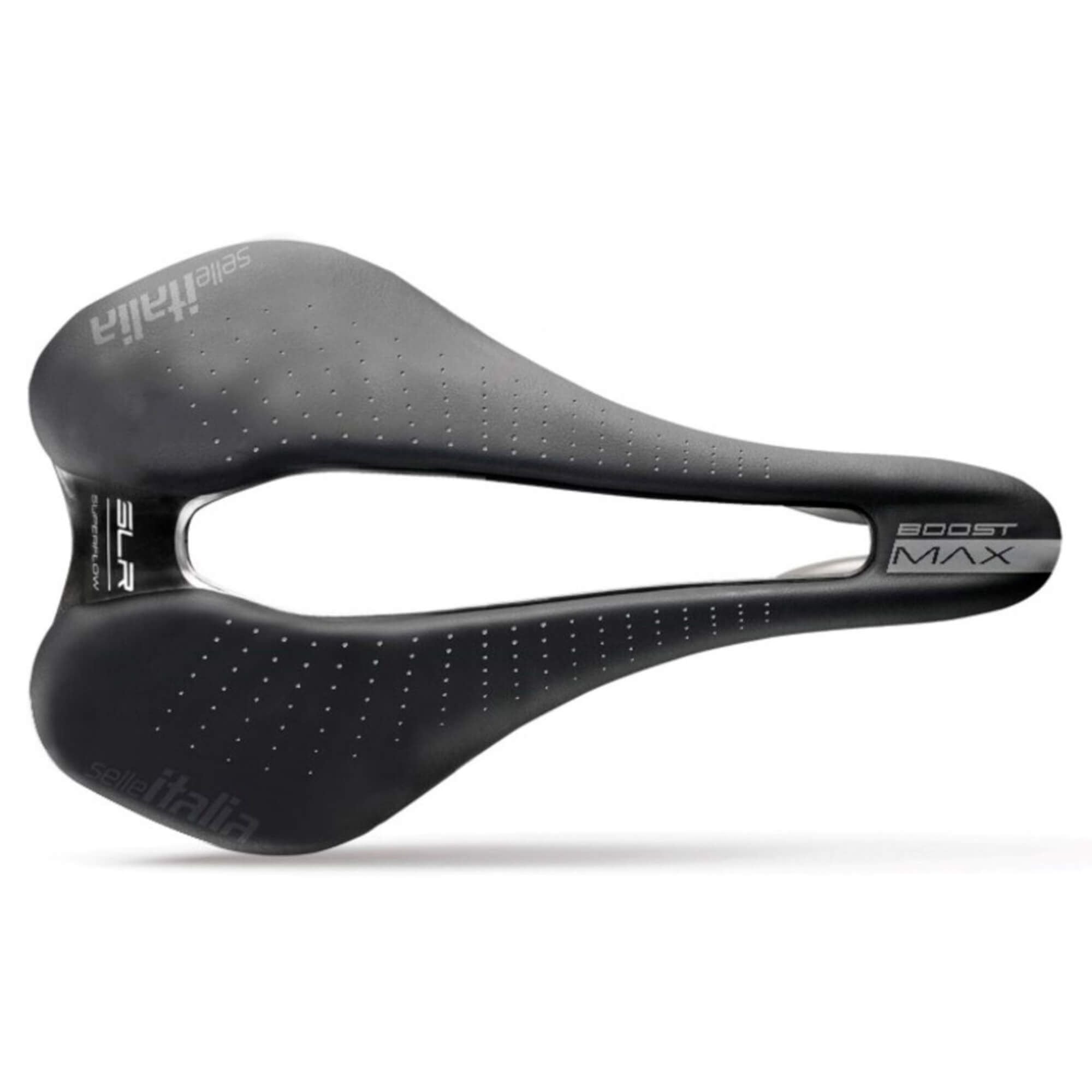 Selle Italia SLR Boost Gel TI316 Superflow bike saddle with black cover and titanium rails, designed for road cycling.