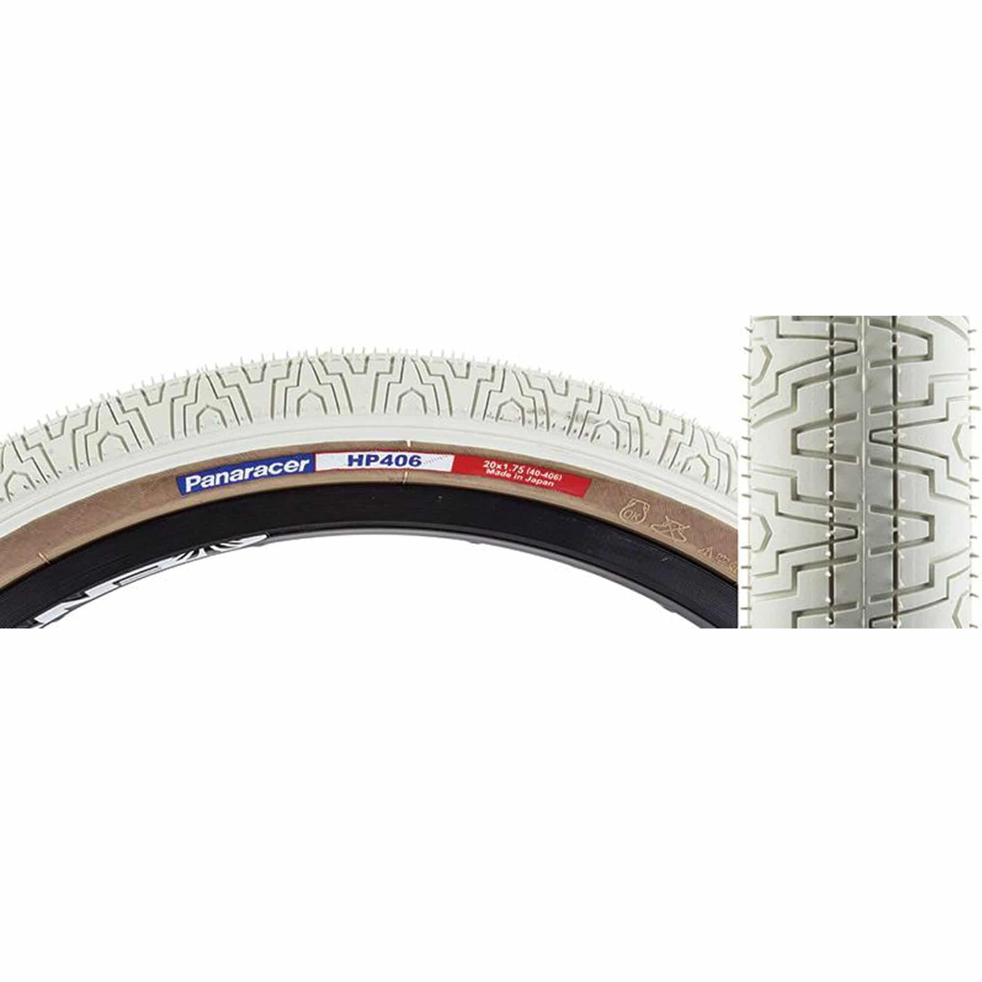 Panaracer HP406 BMX 20-inch clincher wire bead flatland street tire shown in black with tread pattern for BMX biking.