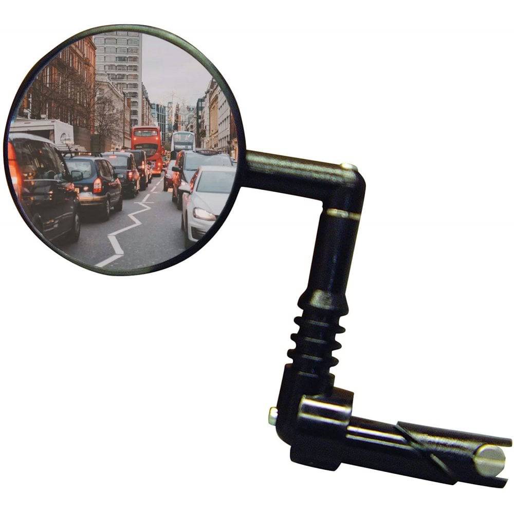 Mirrycle mountain bike mirror with adjustable convex lens, mounted on flat handlebars for rearview visibility.