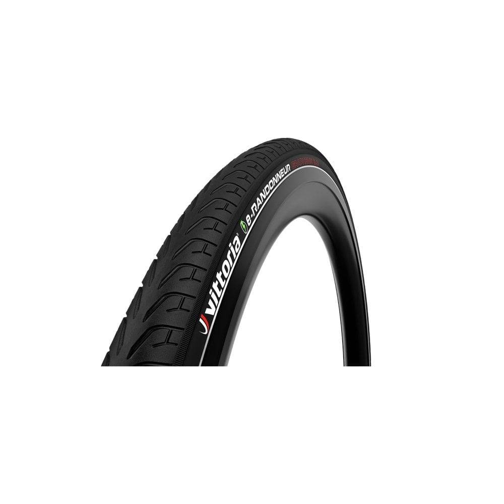 Vittoria E-Randonneur Rigid G2.0 E-Bike tyre with Graphene 2.0 for city and touring bikes, shown on a bicycle wheel.