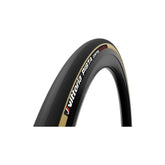 Vittoria Pista Control 700x23c black foldable clincher track tire with tan sidewalls, designed for high-performance cycling.