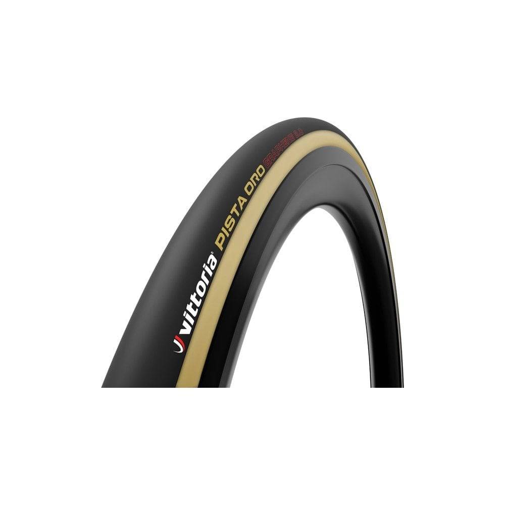 Vittoria Pista Oro tubular racing tyre for 23-28 inch wheels, black with tan sidewalls, designed for track cycling.