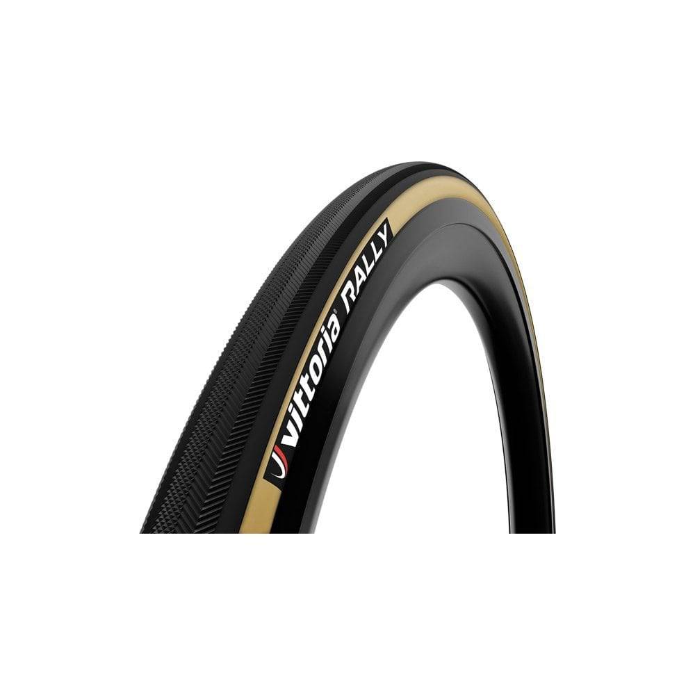 Vittoria Rally Tub RVC durable training tubular road bike tyre with tread pattern, mounted on a wheel for road cycling.