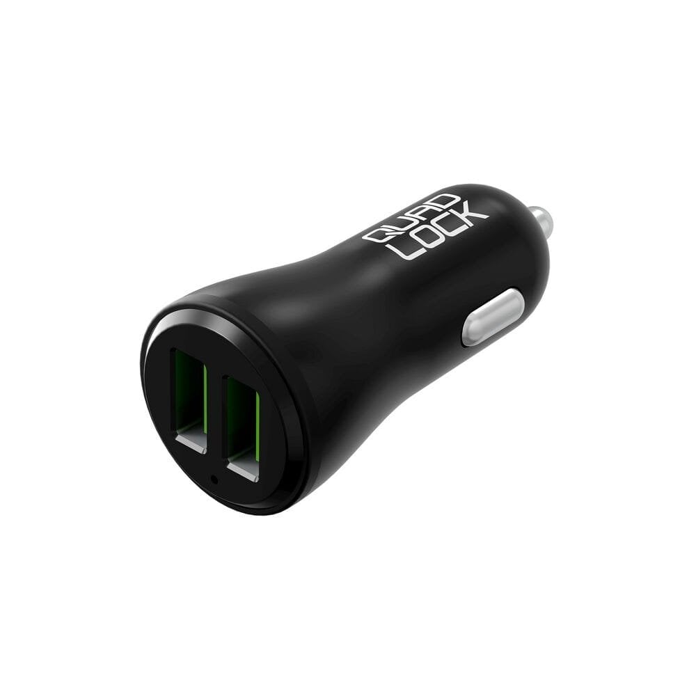 Quad Lock dual USB 12V car charger with Quick Charge 3.0 for smartphones, showing the compact accessory with USB ports.