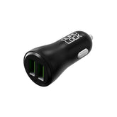 Quad Lock dual USB 12V car charger with Quick Charge 3.0 for smartphones, showing the compact accessory with USB ports.