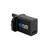 Quad Lock 18W UK power adaptor with Type G plug and Quick Charge 3.0 compatibility, designed for fast charging devices.