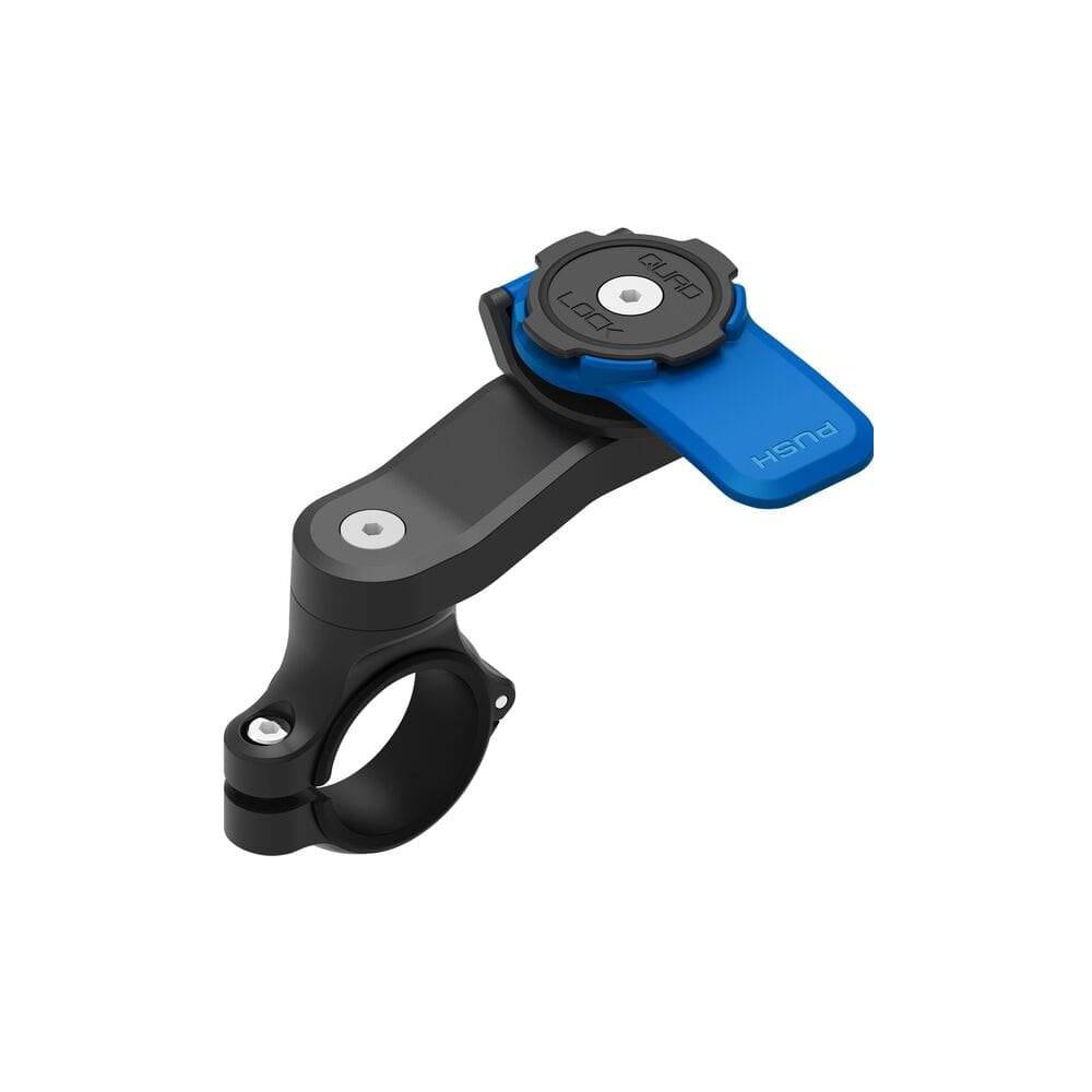 Quad Lock Motorcycle Handlebar Mount V2 securing a smartphone to motorcycle handlebars, designed for easy attachment and stability.