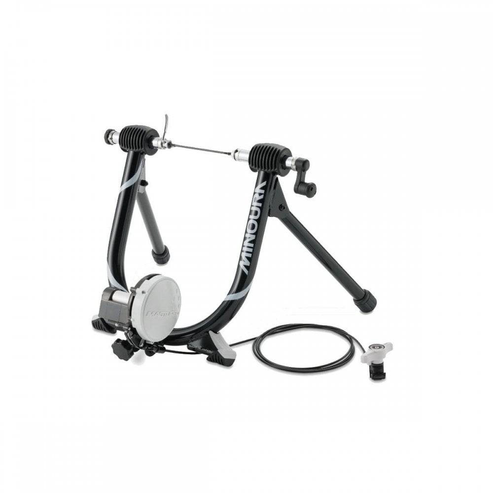 Minoura Mag Ride 60R indoor bike trainer with adjustable magnetic resistance in black for indoor cycling workouts