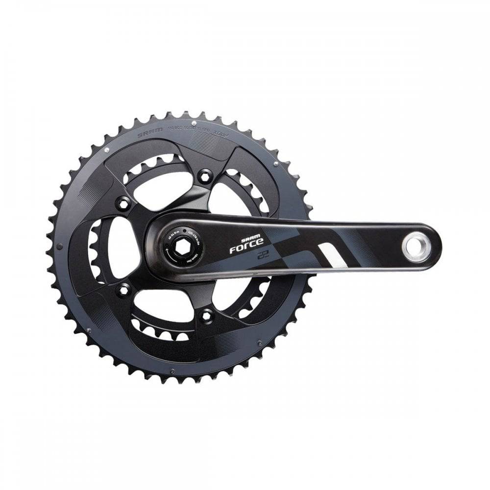 SRAM Force22 GXP road bike crankset with 172.5mm arms and 50-34T chainrings, 11-speed components, black finish