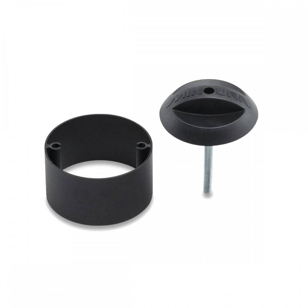 Minoura Vergo TF 50mm height space adaptor in black for thru-axle bike racks, shown in close-up.