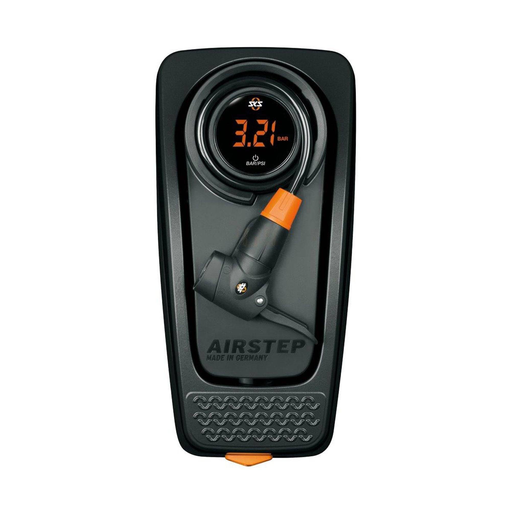 SKS Airstep Digi foot pump with digital gauge, portable bike tire inflator, and precise pressure measurement.