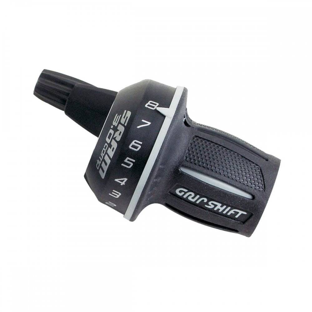 SRAM 3.0 Comp Twist Shifter for mountain bikes, 3, 7, 8-speed gear shifters with SRS technology, mounted on bike handlebar.