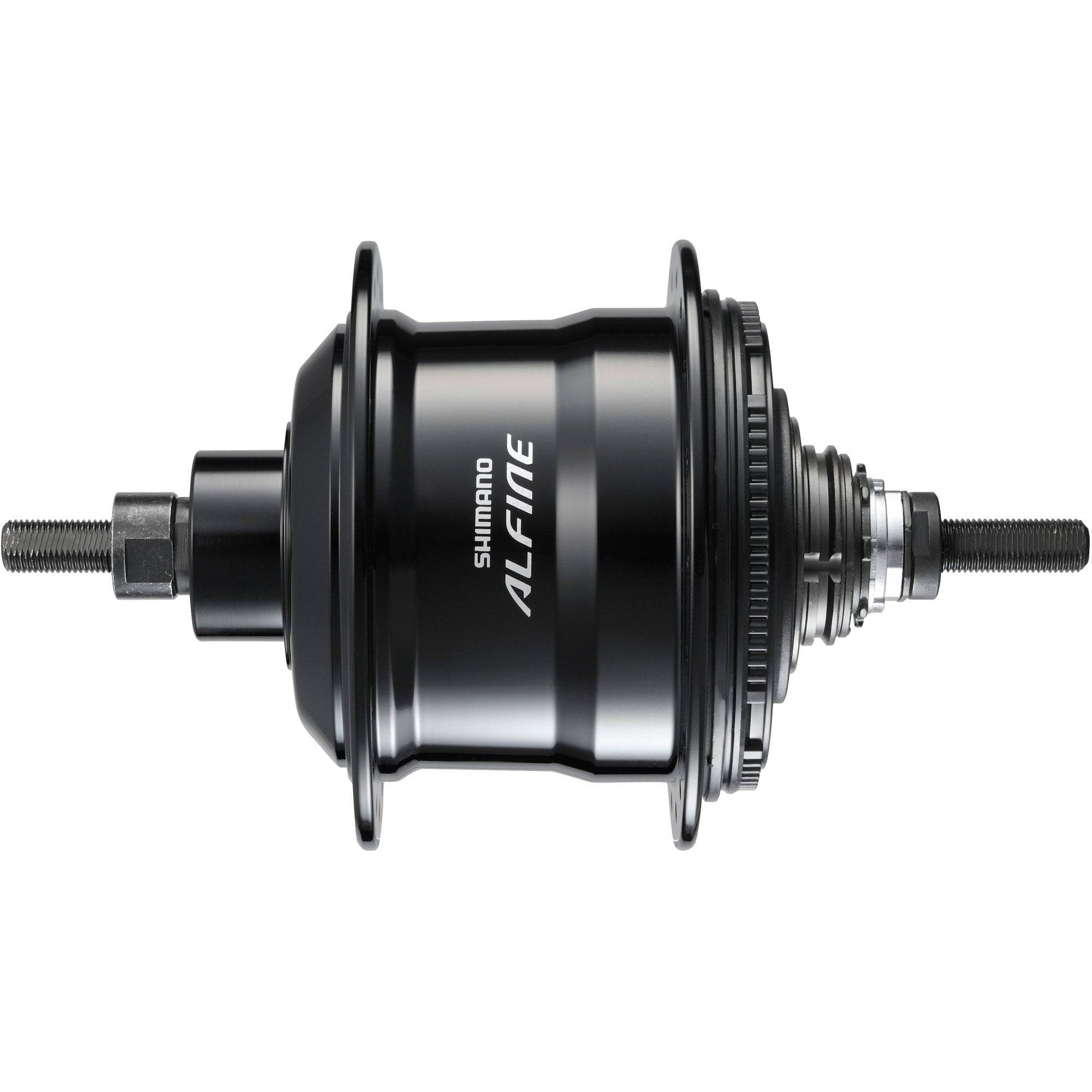 Shimano Alfine 8-speed internal hub gear with center-lock disc brake compatibility, shown with gear and brake components.