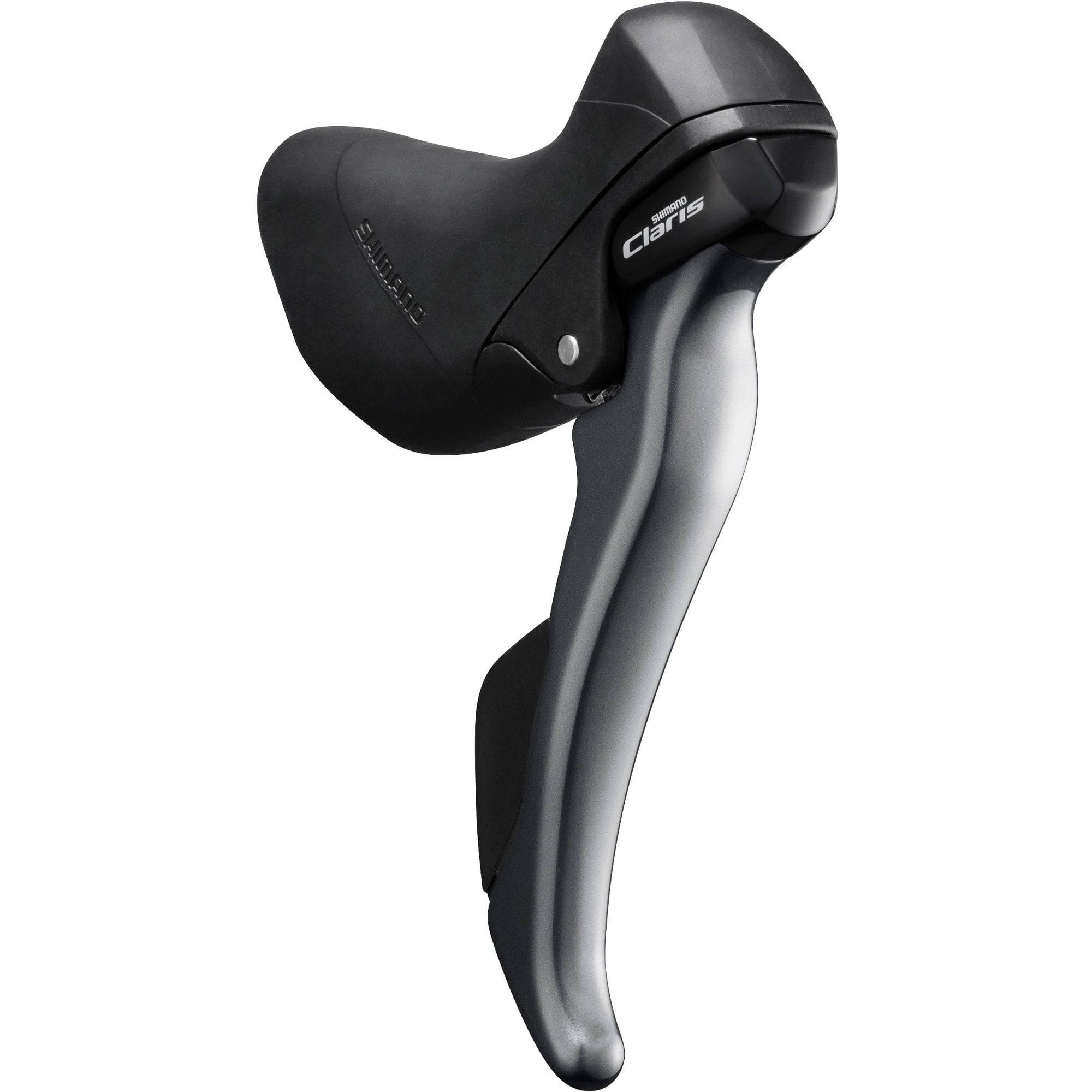 Shimano Claris ST-R2000 8-speed road drop bar shifters with brake levers and gear display on a bike handlebar.