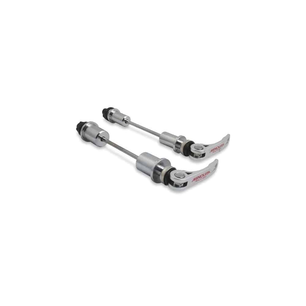 Minoura Trainer Thru Axle Adaptor P1.75 for indoor cycling stability, shown with the accessory and bike wheel attachment