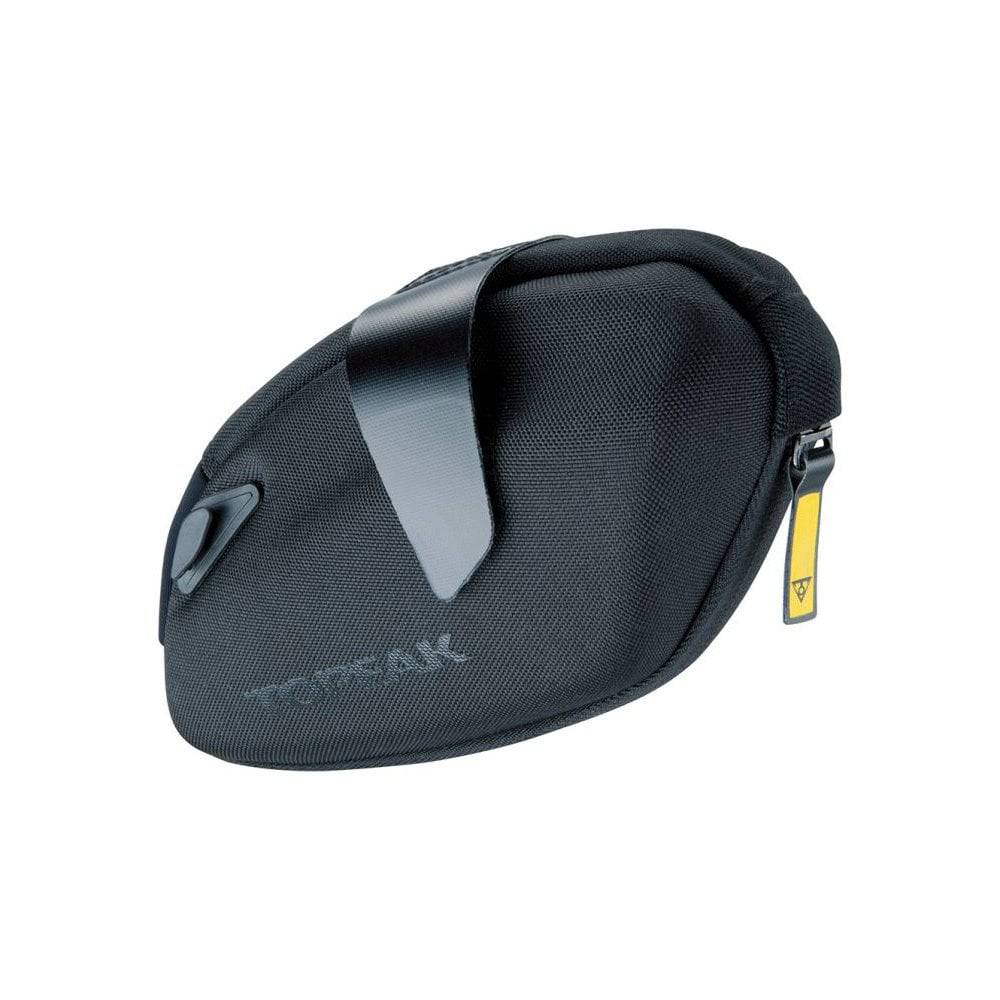 Topeak DynaWedge lightweight cycling seat pack attached under bike saddle, aerodynamic storage bag for bike accessories.