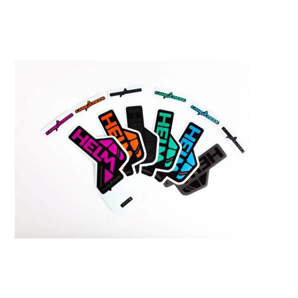 Cane Creek HELM fork sticker kit for customization, featuring colorful decals and accessories for bike suspension forks.