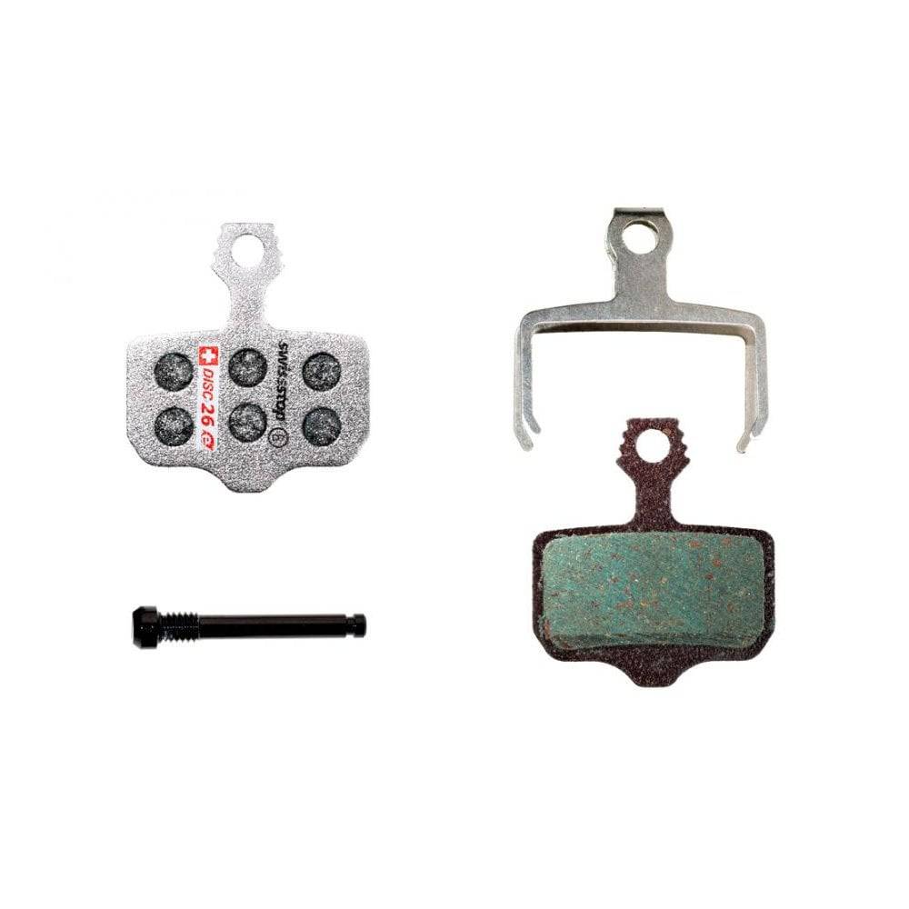 SwissStop Disc 26 brake pads for SRAM and Avid MTB e-bike disc brakes, showing the black rubber pads and metal backing plates.
