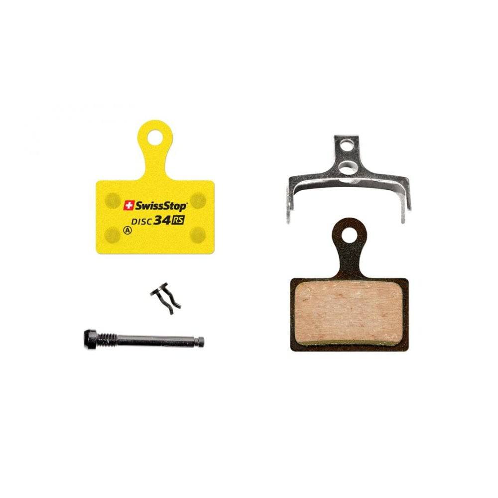 SwissStop Disc 34 brake pads for Shimano road bikes, compatible with Dura Ace, Ultegra, and 105 components.