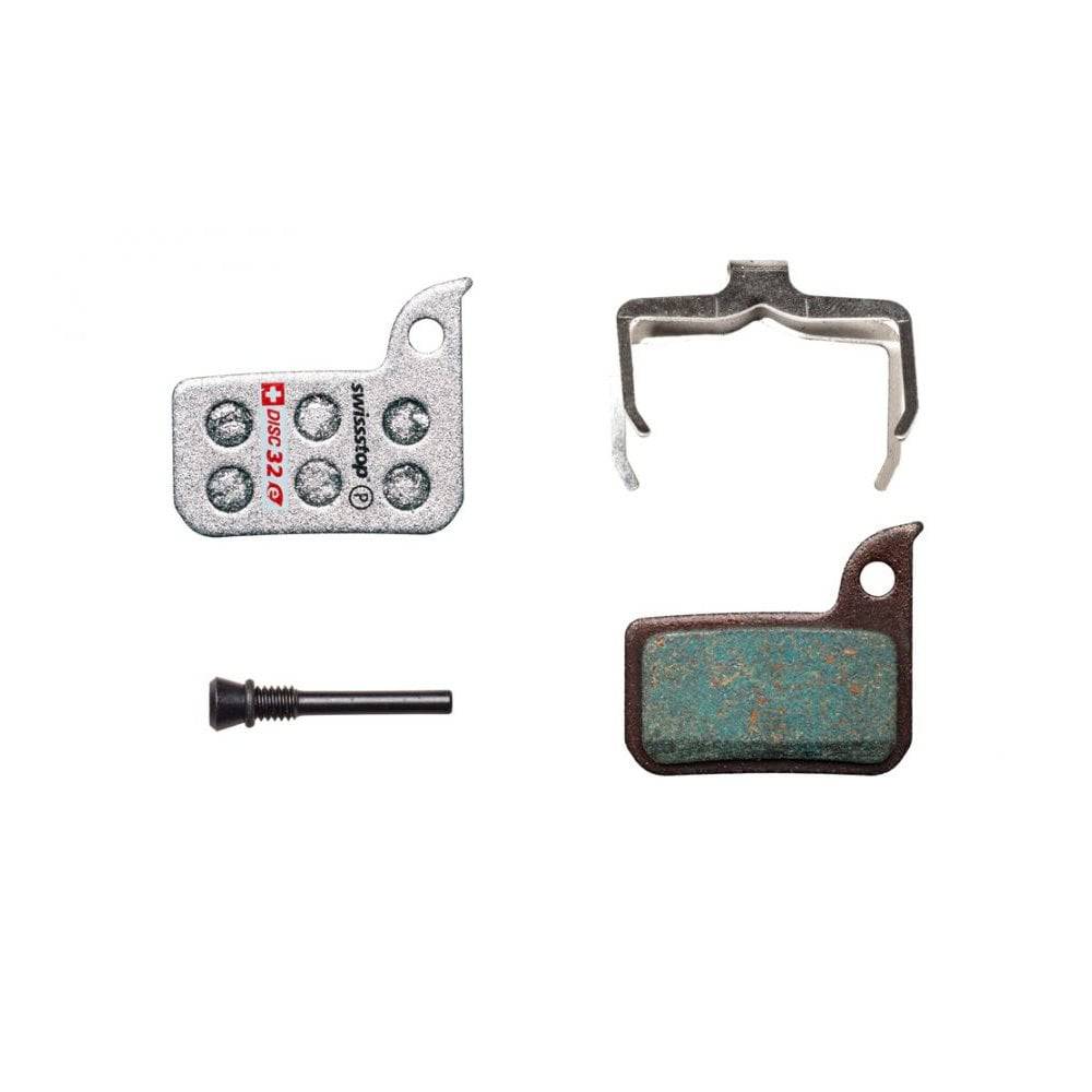 SwissStop Disc 32 brake pads for SRAM Road eTap AXS, Force, Rival silver disc brake system, close-up of brake pad components.