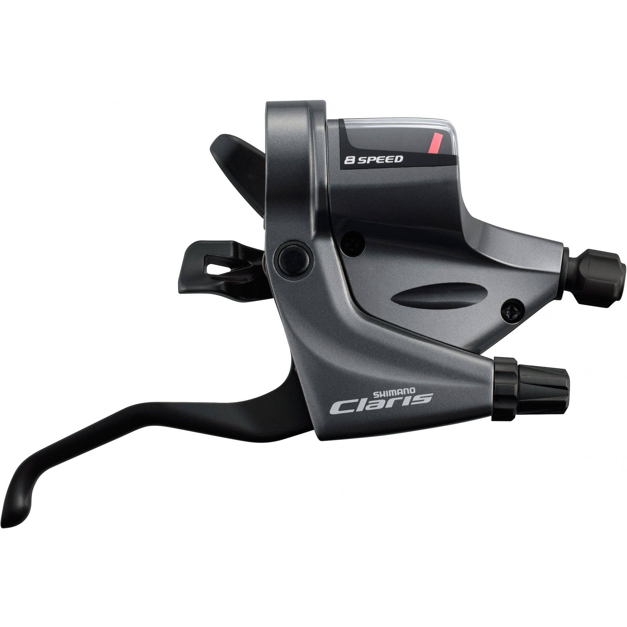 Shimano Claris ST-RS200 8-speed road flat bar shifters with optical gear display, components for bike gear shifting.