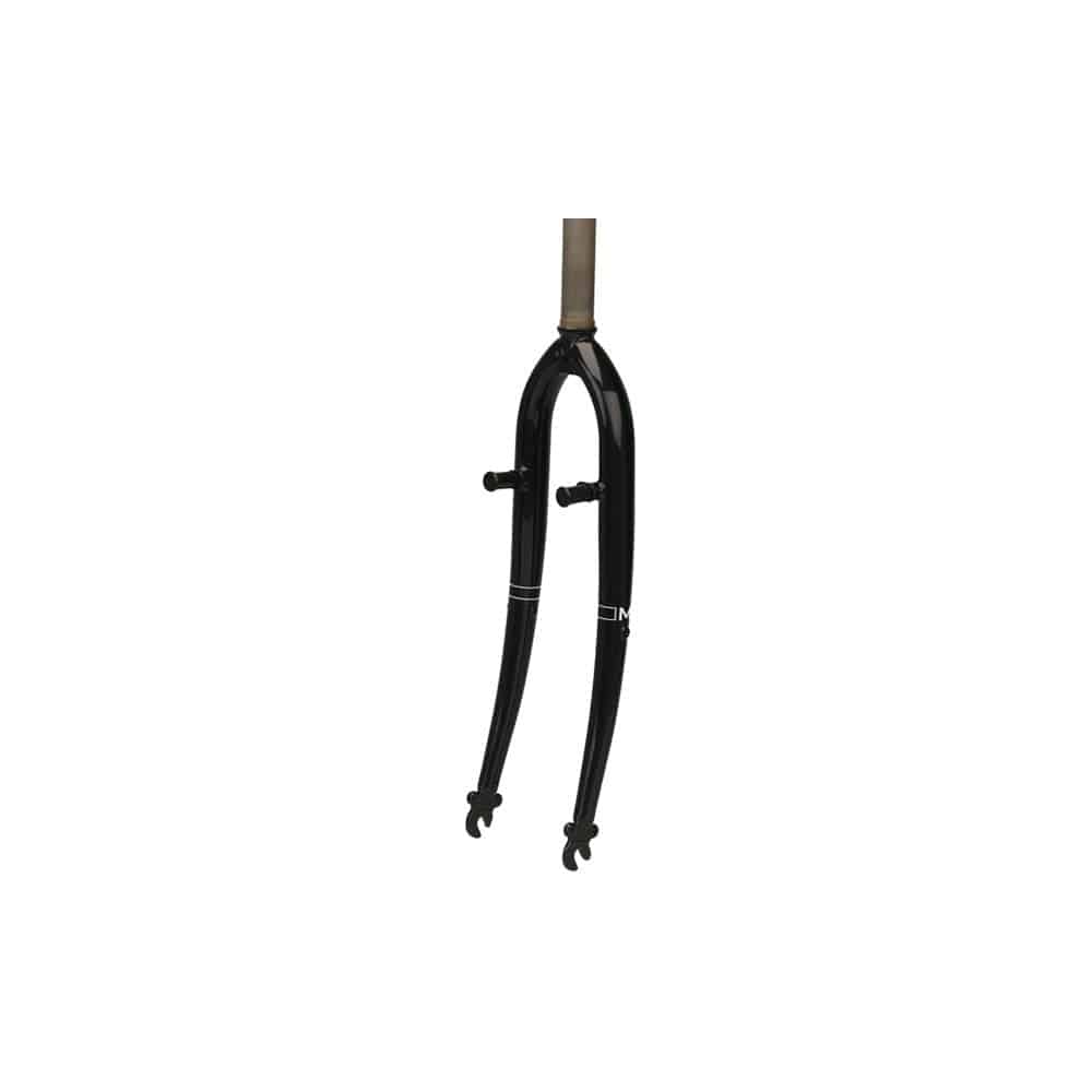 M Part 700c hybrid bike fork with 1 1/8" threaded steer tube, V-brake mounts, and accessory eyelets for bicycle components.