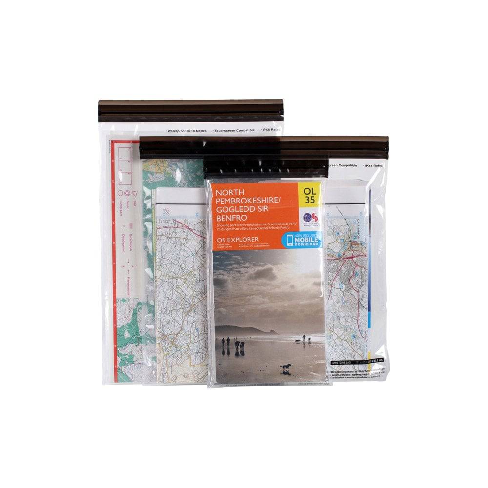 Lifeventure DriStore waterproof LocTop bag for maps and valuables, touchscreen compatible, IPX8 rated, clear waterproof accessory.