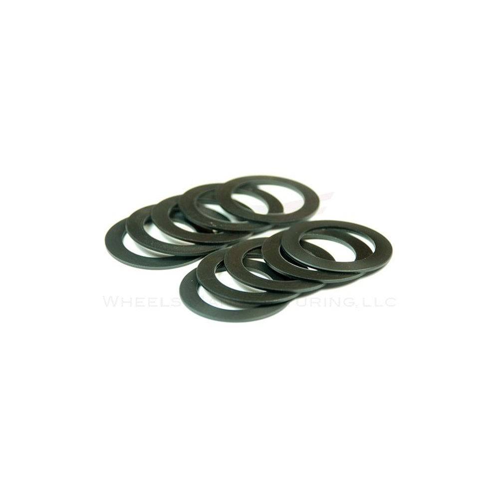 Set of 10 Wheels Manufacturing 24mm crank spacers, 1mm wide, compatible with Shimano and SRAM cranksets, bicycle component accessories.