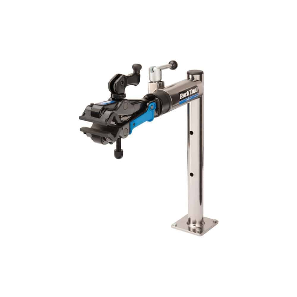 Park Tool PRS-4.2-2 Deluxe Bench Mount Repair Stand with 100-3D Micro Adjust Clamp, workshop bike repair stand in use