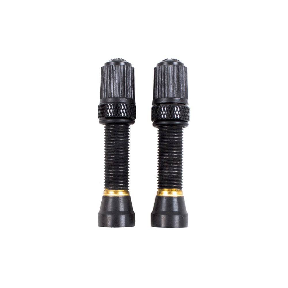 Nutrak threaded bronze Schrader tubeless valve pair for wider rims, bicycle components for secure tire inflation.