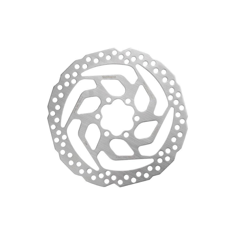 Shimano Acera SM-RT26 6-bolt disc brake rotor with mounting hardware for resin pads, shown with detailed metallic surface and bolt holes.