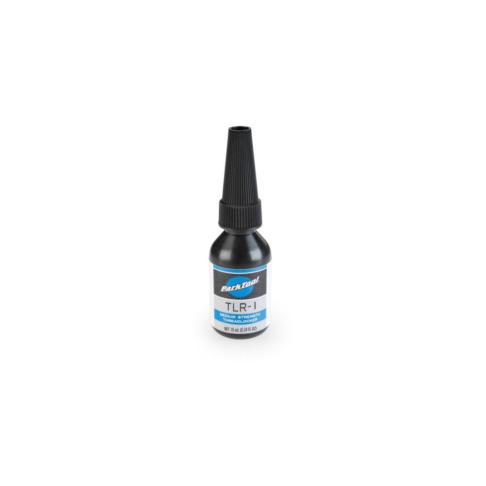 Park Tool TLR-1 Medium Strength Threadlocker for steel, aluminum, and carbon fiber bike components in a workshop setting.