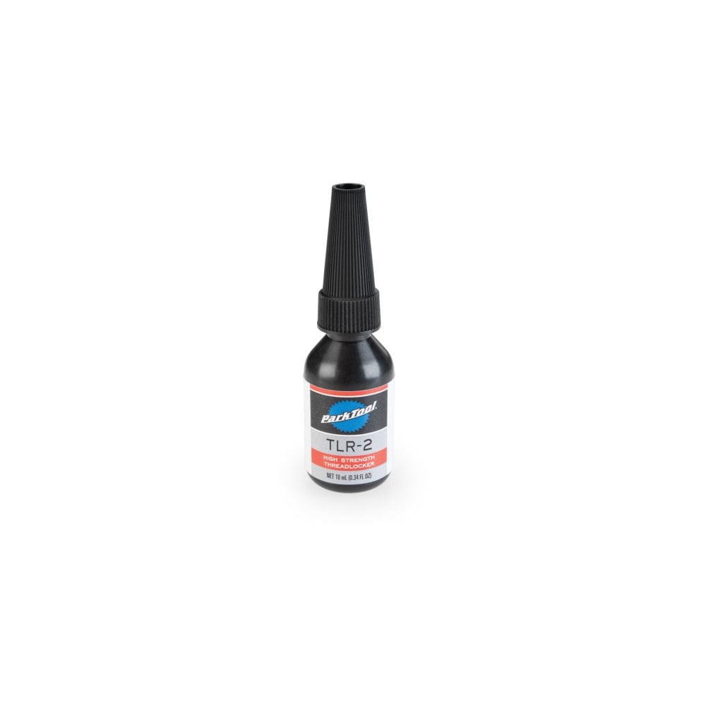 Park Tool TLR-2 high-strength threadlocker for steel, aluminum, and carbon fiber bike components in a workshop setting.