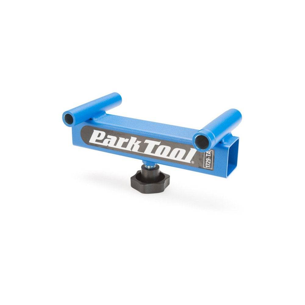 Park Tool 1729-TA sliding thru-axle adapter attached to PRS-20, PRS-21, and PRS-23 workshop bike stands for secure bike holding