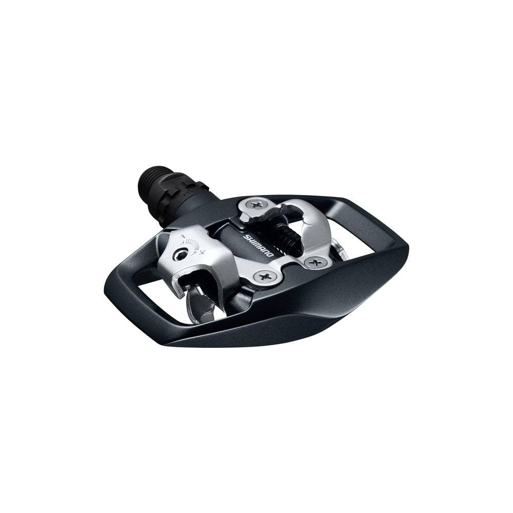 Shimano PD-ED500 dual-sided SPD pedals with light action and adjustable tension for bikes, showing pedal cleats and body details.