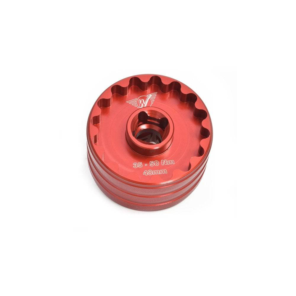 Wheels Manufacturing workshop bottom bracket tool with 16-notch design, 48.5mm & 44mm sizes, and 3/8 drive adapter for bike maintenance.