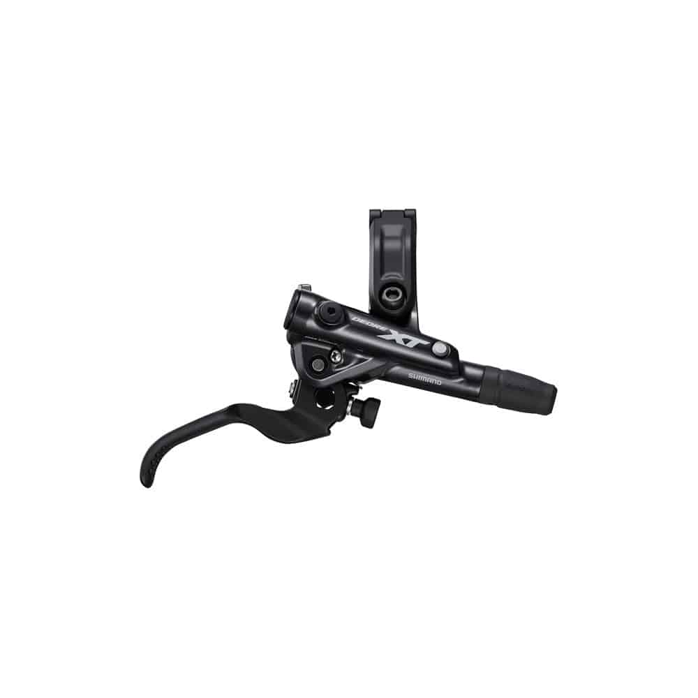 Shimano Deore XT hydraulic disc brake lever set for mountain biking, featuring black levers and mounting hardware.