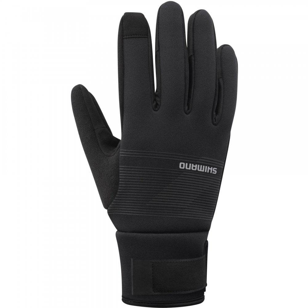 Shimano unisex windbreak thermal cycling gloves with touchscreen fingertips and reflective elements for outdoor riding.