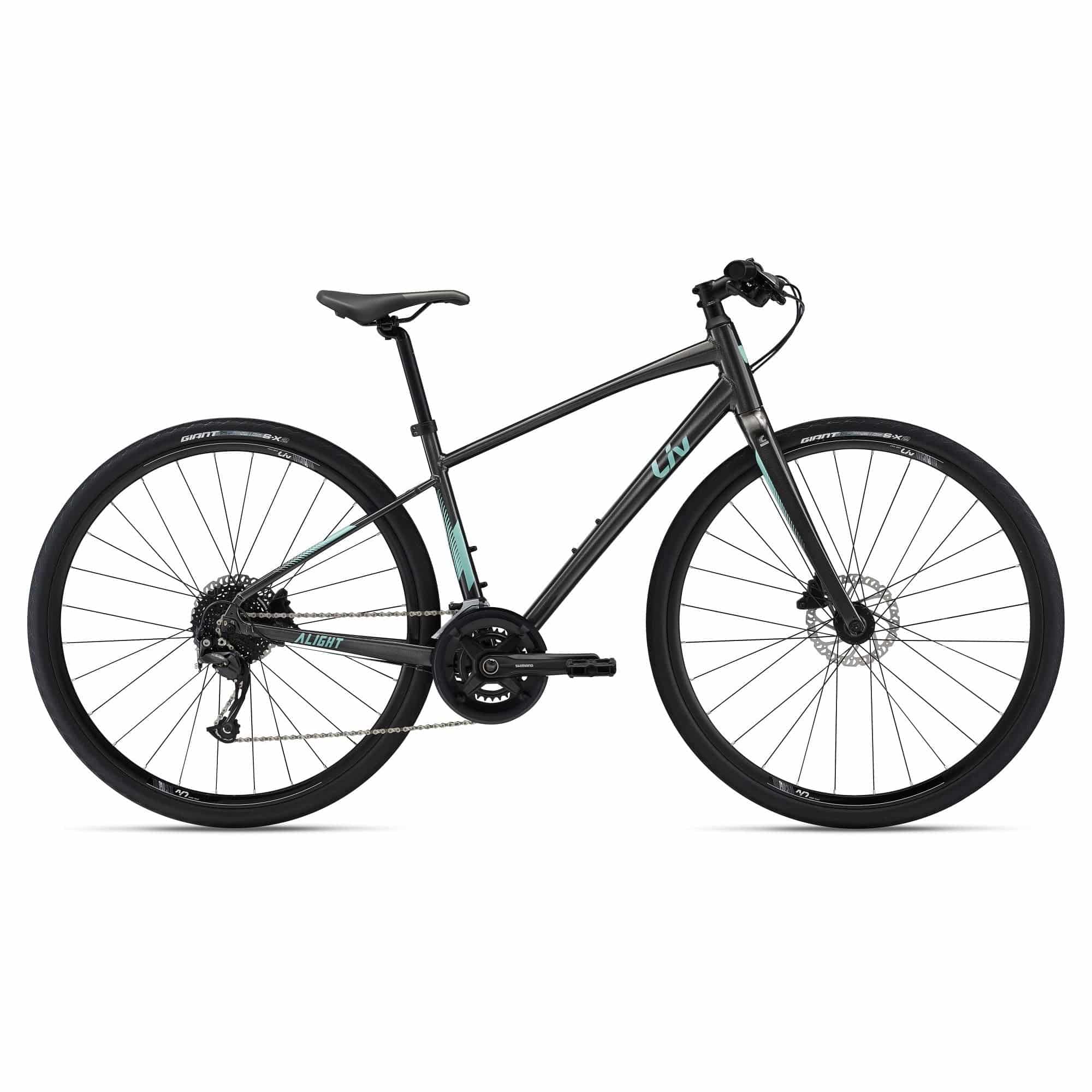 Liv Alight 1 DD hybrid bike featuring Shimano Acera gears and reliable disc brakes, shown with a lightweight frame and ergonomic design.