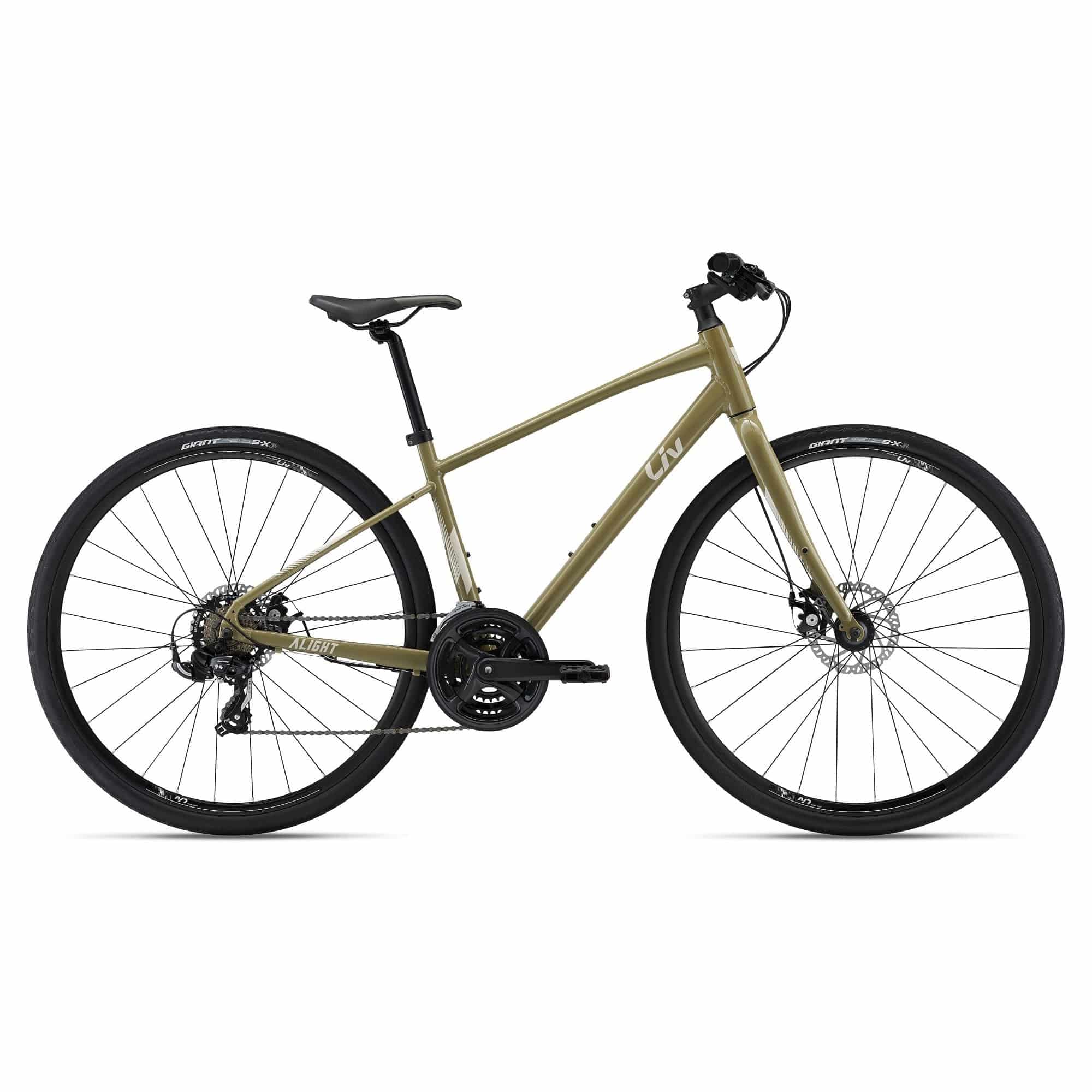 Liv Alight 3 DD women's hybrid bike 2022 with Shimano Tourney gears and disc brakes, shown with a sleek frame and comfortable saddle.