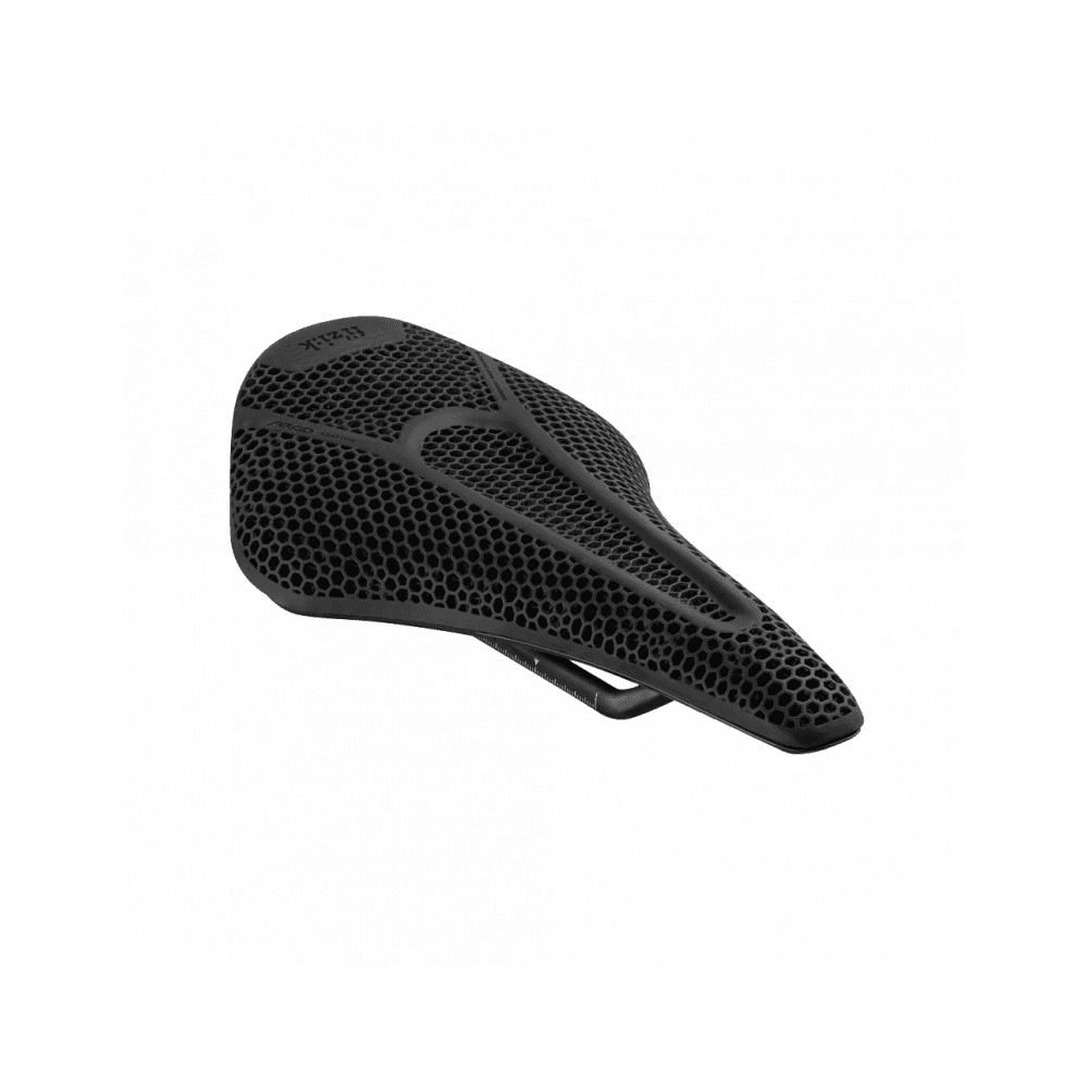 Fizik Argo Adaptive R1 Carbon bike saddle with 3D printed design and zonal cushioning, designed for comfortable cycling.