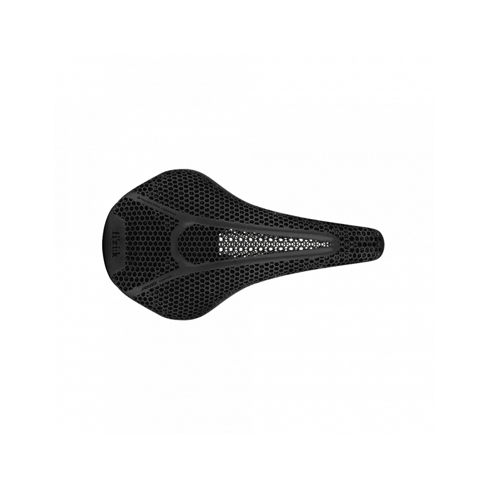 Fizik Argo Adaptive R1 Carbon bike saddle with 3D printed design and zonal cushioning for enhanced comfort and lightweight performance.