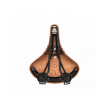 Brooks B67 Softened Tan Leather Saddle for comfortable urban riding, showing the saddle's cushioned leather and sleek design.