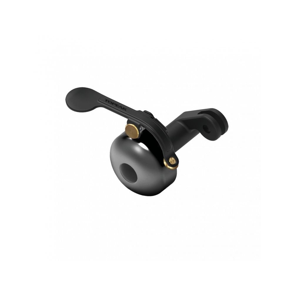 Topeak UTF Bellonside black bike bell mounted on handlebars, designed for UTF multi-mount handlebars and stems.