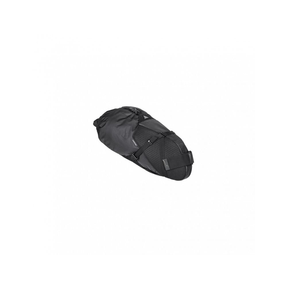 Topeak Backloader X 15L waterproof bikepacking seat bag in black with secure mounting attachment.