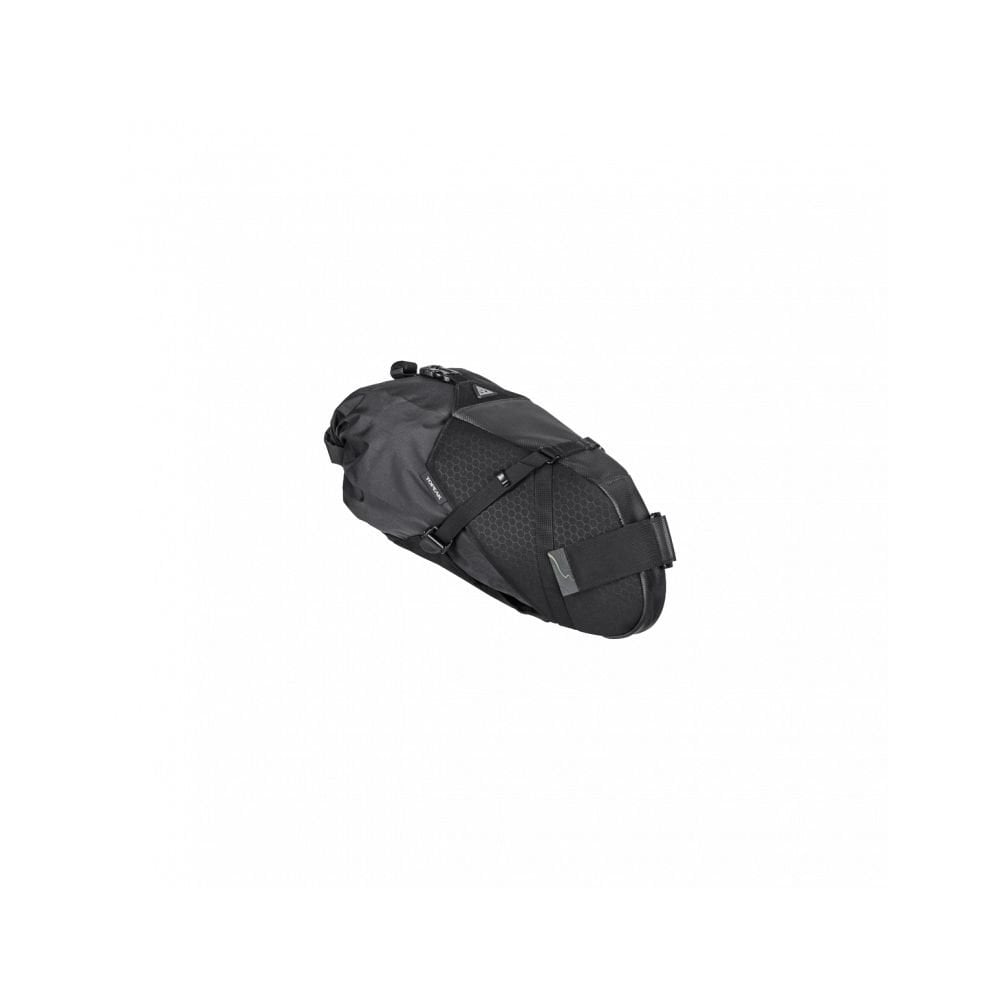 Topeak Backloader X 10L waterproof bikepacking seat bag with light strap in black, mounted under a bicycle saddle.