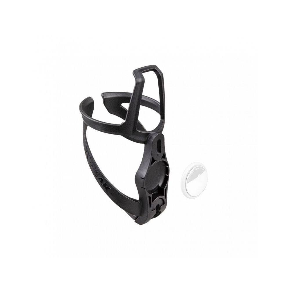 Black Topeak Ninja+ Cage Z water bottle cage with Apple AirTag mount, designed for bike accessories and secure hydration.