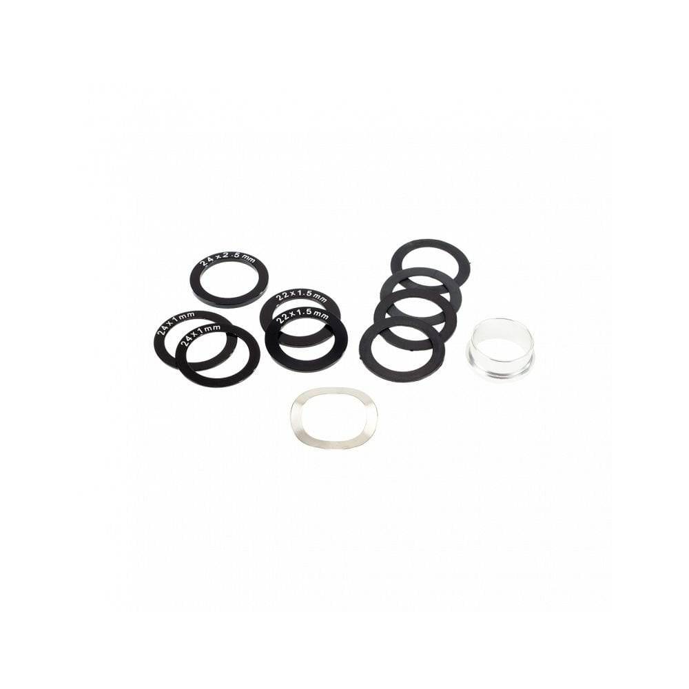 Enduro Bearings spacer kit for SRAM GXP and DUB bottom brackets, showing metal spacers and installation components.